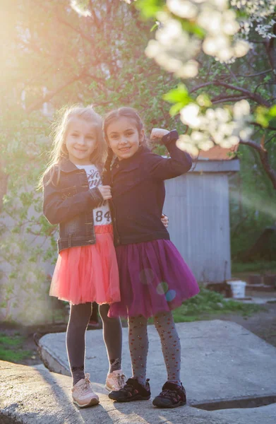 Duas meninas desfrutando jardim ao pôr do sol — Fotografia de Stock