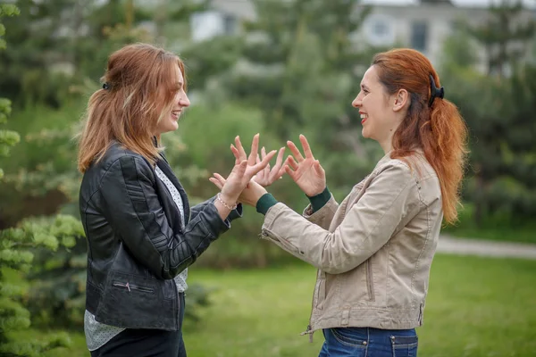 Vrouwen hebben van aangezicht tot aangezicht gesprek zwaaien met de handen — Stockfoto