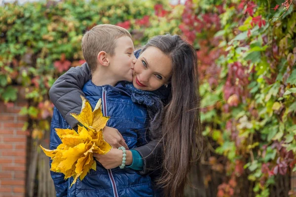 Filho beijando mãe entre outono — Fotografia de Stock