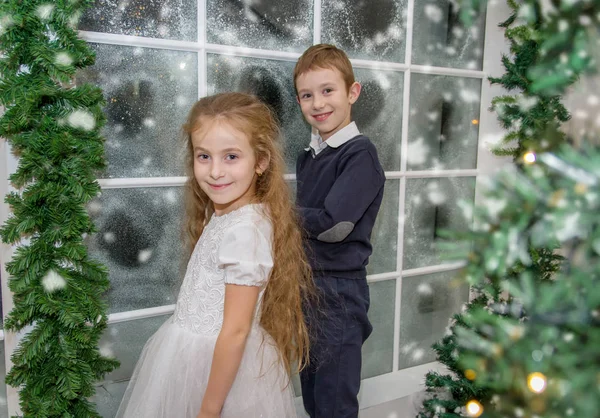 Sonriente hermana y hermano en estudio de invierno —  Fotos de Stock