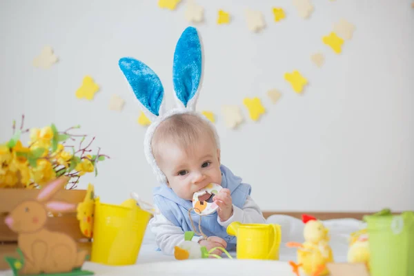 Мальчик Пасхальными Кроличьими Ушами Красочными Яйцами Цветами — стоковое фото