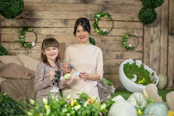 Mother Daughter Easter Eggs Decorated Studio — Stock Photo, Image