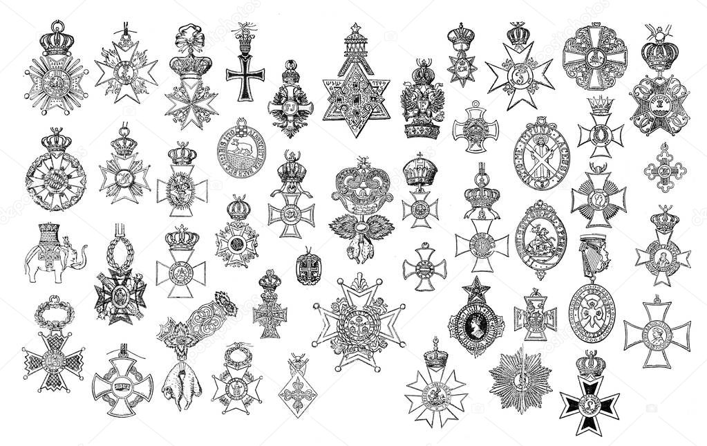 Illustration of vintage crosses and medals.