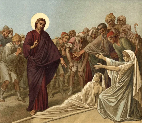 Jesus levanta o filho de uma viúva . — Fotografia de Stock