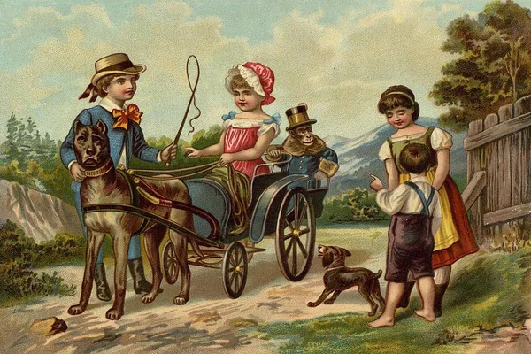 Kinderspiele. Fahrt auf einer kleinen Kutsche. — Stockfoto
