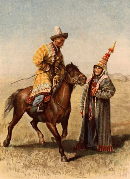 Kirghiz jinete y mujer . — Foto de Stock