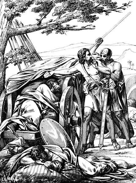 David neemt de kelk en de speer van Saul. — Stockfoto