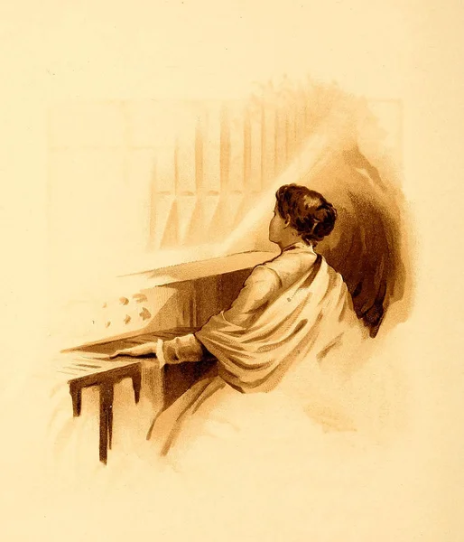 Tema retrô de Natal. A menina toca o órgão . — Fotografia de Stock
