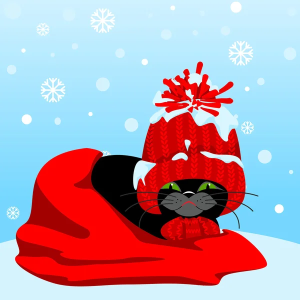 Schwarze Katze mit rotem Hut und Schal — Stockvektor