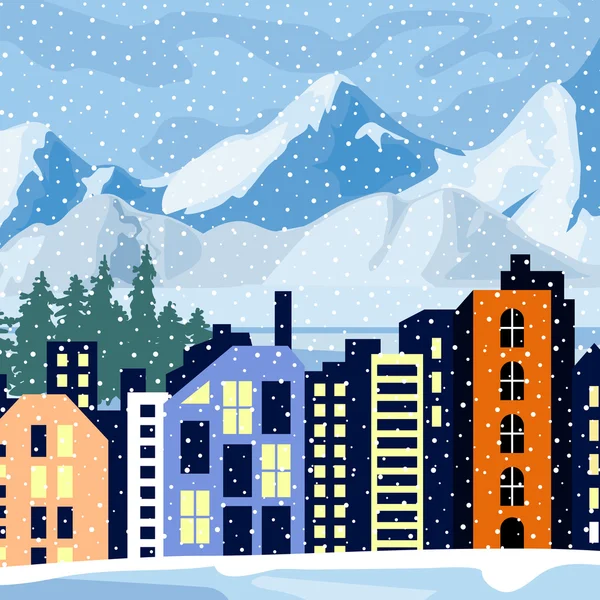 Paysage urbain hivernal. Maison multicolore dans la soirée . — Image vectorielle