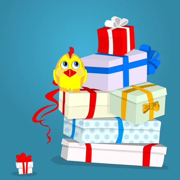 Many gift boxes and chicken. — Stock Vector