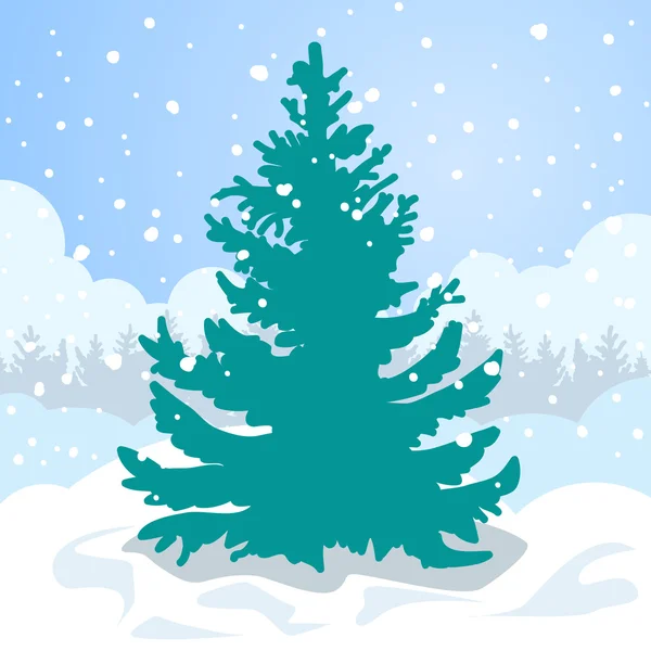 Green fir tree in the white snow drift. — Stock Vector