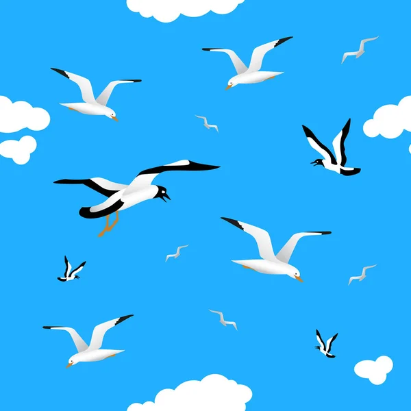 海鸥和蓝色的天空中的云彩。无缝. 免版税图库矢量图片