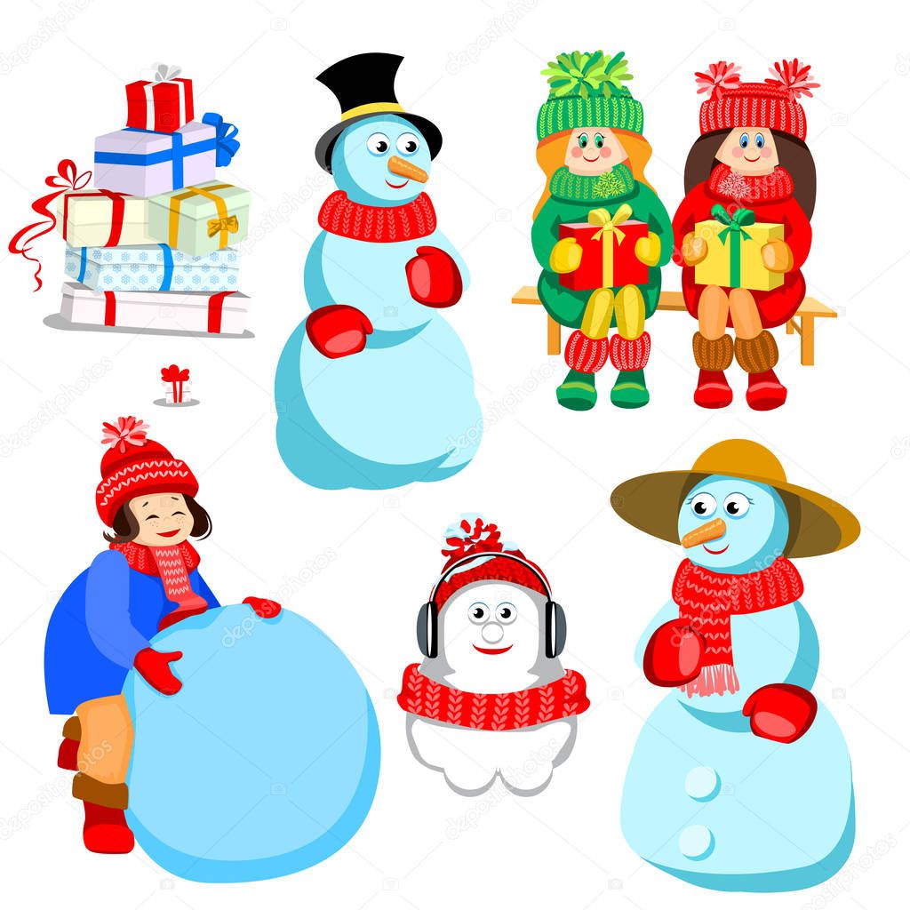 Caratteri per cartoline di Natale e vari disegno di inverno Ragazza scolpisce pupazzo di neve Felice famiglia di pupazzi di neve