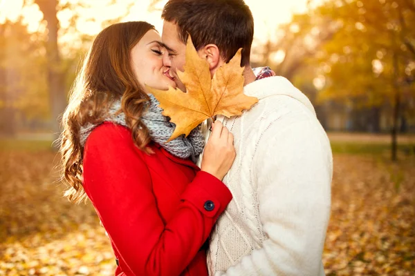 Kiss med kärlek i naturen under hösten — Stockfoto