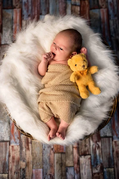 Bebé recién nacido 2 semanas de edad con su primer juguete —  Fotos de Stock