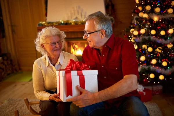 Grandparents with big gift at Christmas eve — Stock Photo, Image