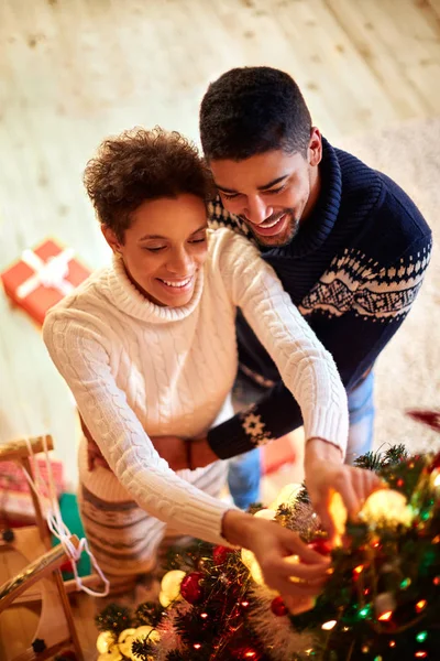 Couple decorated Christmas tree — Stock Photo, Image