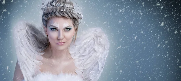 Snow queen - winter fairy with wings — Stock Photo, Image