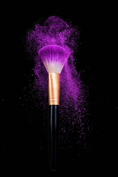 Make-up brush with powder dust isolated on black — Stock Photo, Image