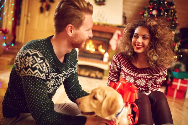 Freundin mit Freund und Hund als Weihnachtsgeschenk — Stockfoto