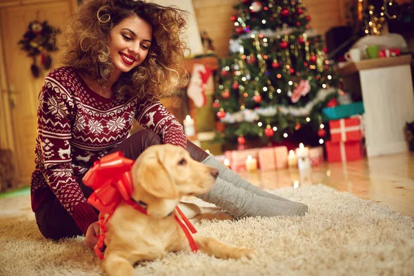 Το κορίτσι με το σκυλί ως δώρο Χριστούγεννα στο σπίτι — Φωτογραφία Αρχείου