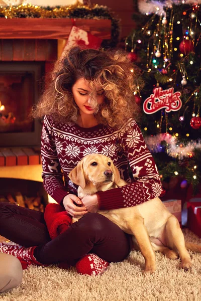 Flicka med hund på jul kväll — Stockfoto