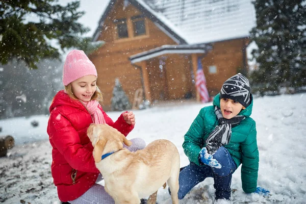 Kinder spielen im Winterurlaub mit Hund im Schnee — Stockfoto