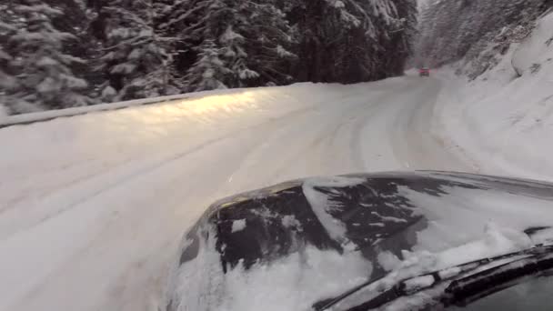 Движущийся автомобиль в зимнем снежном лесу — стоковое видео