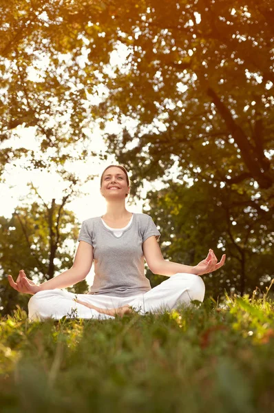 Dame in Yoga-Pose in grüner Natur — Stockfoto