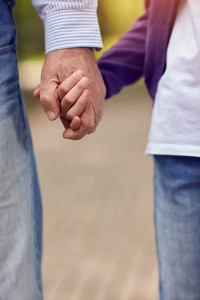 Senior and young holding hands walking — Stock Photo, Image