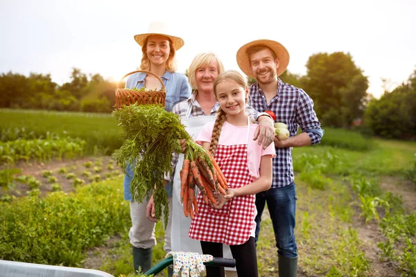 Farmers family with organic vegetables — Stock Photo, Image