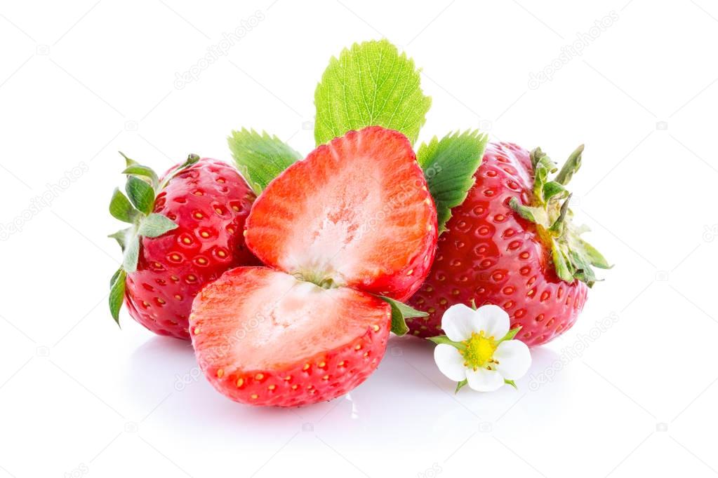 Strawberries with leaves and slices isolated