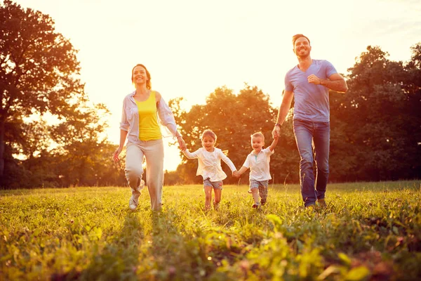 Gelukkige familie draaien op groene veld — Stockfoto