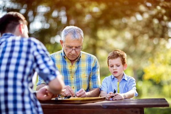 Little boy and his grandfather play chess — Stock Photo, Image