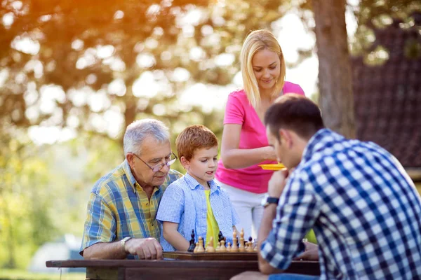 Familia sentada en la naturaleza y jugando al ajedrez — Foto de Stock