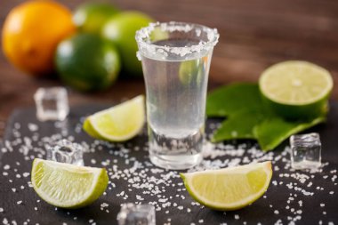 Tuz, limon dilimleri ve buz ile kısa bardaklarda Meksika tekila