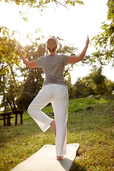 Frau im Park macht Body-Balance-Übungen, Rückenansicht — Stockfoto