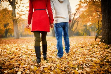 Sonbaharda Park'ta yürüyordunuz genç Çift