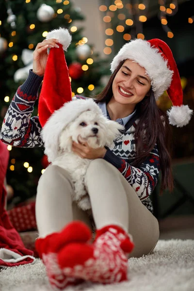 Mädchen macht Witze mit ihrem Welpen zu Weihnachten — Stockfoto