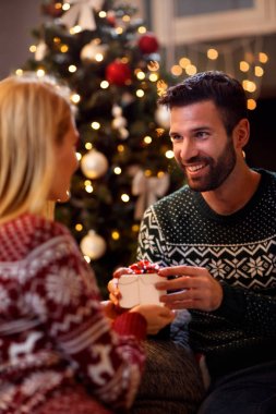 mutlu genç kadına evde Noel Hediye veren adam