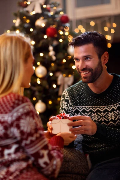 mutlu genç kadına evde Noel Hediye veren adam