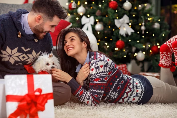 Namorado dando cachorro cão como presente de Natal para namorada — Fotografia de Stock