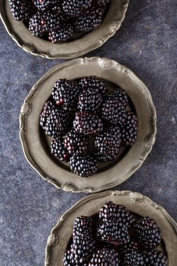 Yaz sağlıklı böğürtlen içinde plaka üzerinde karanlık tablo arka planı