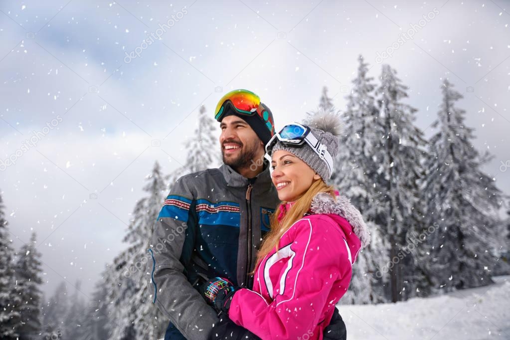 Couple in love on skiing  