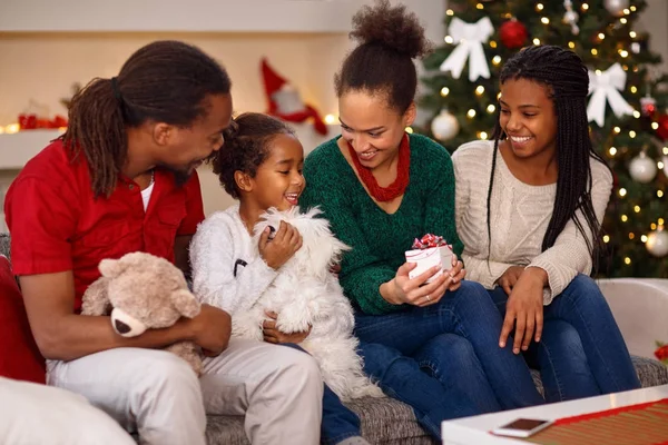 Семья в Рождество с подарком — стоковое фото