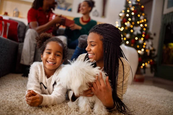 Irmãzinhas estão brincando com o cachorro e rindo. Estão a mentir. — Fotografia de Stock