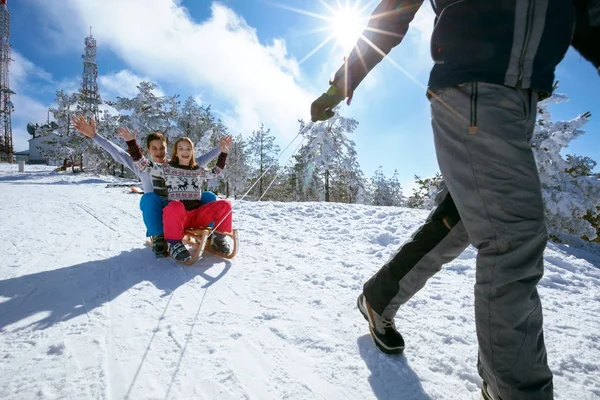 Hermana y hermano en trineo de nieve y disfrutando en invierno soleado —  Fotos de Stock