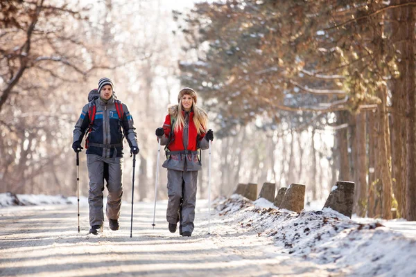 Pareja de montañistas de senderismo en invierno —  Fotos de Stock