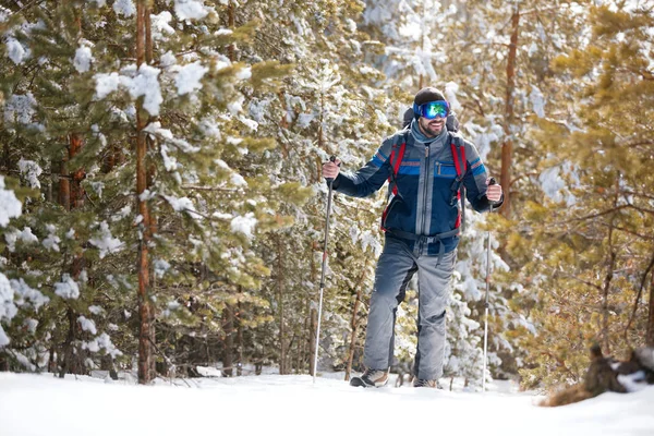 男の冬の雪の森をハイキング — ストック写真